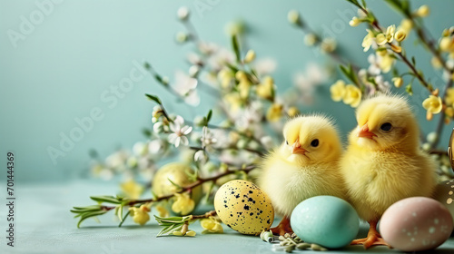 yellow easter chicks with easter eggs and some flowers in bloom