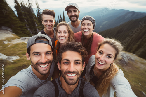 Cheerful friends taking selfies during a vacation. Group of men and women outdoors on a summer day making self portrait.