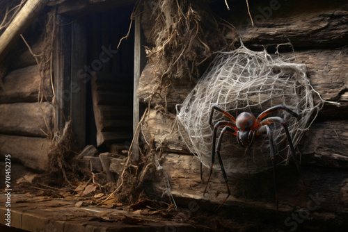 photo of a spider in its nest against an old shack