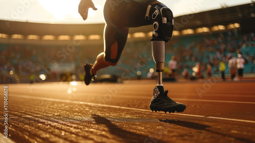 Paralympic Runner with Prosthetic Limb on Track at Sunset