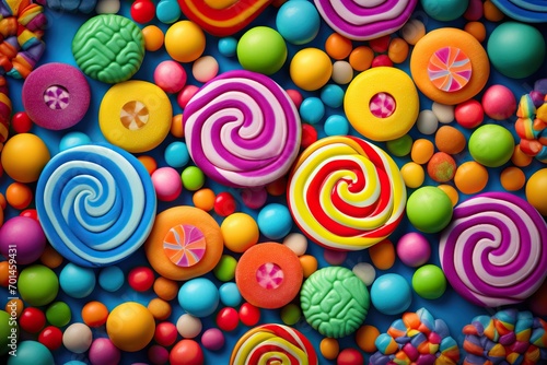  colorful lollipops and different colored round candy. top view
