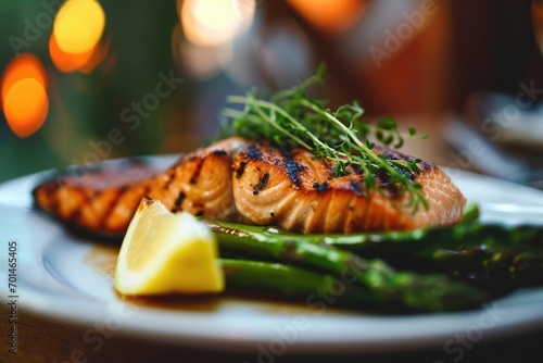 foto de prato com salmão grelhado com especto delicioso, molho saboroso, legumes, limão e ervas aromáticas