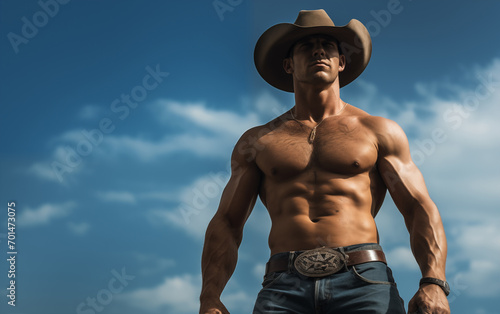 Portrait of cowboy with strong muscle. Generative AI