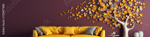 A 3D intricate pattern of an aspen tree with quaking yellow leaves, against a solid burgundy wall, with a contemporary cream sofa
