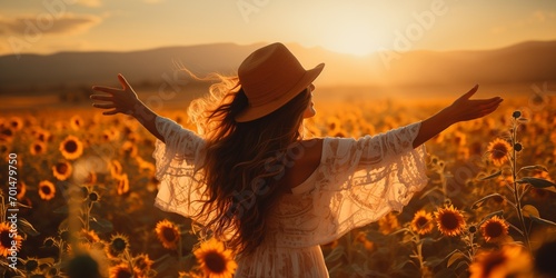 Woman in the sunflower field. A girl on the sunset in sunflowers. Country style. Summer vibes. 