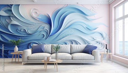 Captivating abstract design with textured waves and modern patterns. Artistic illustration features harmonious blend of blue and white tones creating visually striking wallpaper