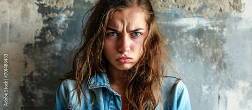 young adult pretty woman feeling disgusted and nauseous backing away from something nasty smelly or stinky saying yuck. Creative Banner. Copyspace image