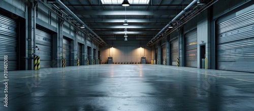 Row of loading docks with shutter doors at a warehouse. Creative Banner. Copyspace image