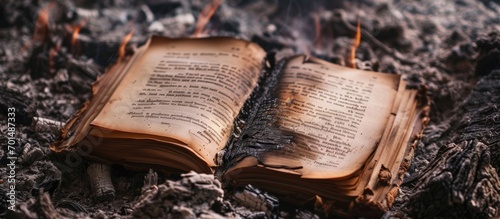 Photo of opened book with burned pages laying on ashes surface. Creative Banner. Copyspace image
