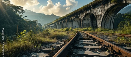 train rides over the bridge photo manipulation. Creative Banner. Copyspace image