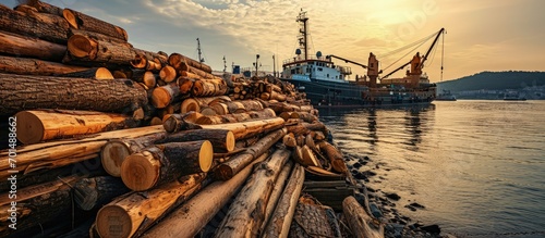 Timber export or import loading on cargo ship in Wicklow commercial port or harbour in Ireland Transport industry Close up on wood logs gripple. Creative Banner. Copyspace image
