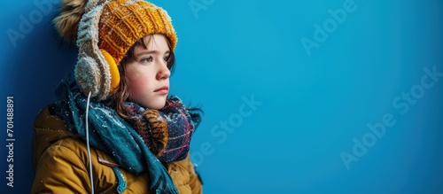 preteen child in ear muffs and scarf standing in winter outfit on turquoise backdrop pouting lips. Creative Banner. Copyspace image