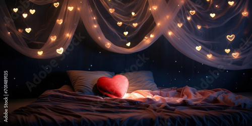 Large plush heart shaped pillow,rich in red color lying on bed,above the bed sheer fabric drapes gracefully, adorned with a string of lights shaped like hearts.Romantic bedroom scene.Valentines Day 