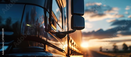 Side mirror of the heavy truck or cargo trailer vehicle part Transportation and logistic industrial equipment object Close up and selective focus photo. Creative Banner. Copyspace image