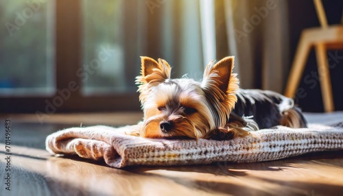Young yorkshire terrier puppy dog sleeping on knitted blanket