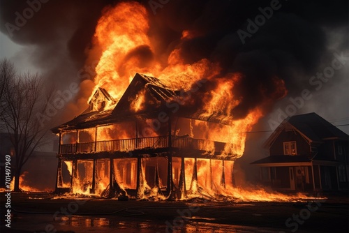 Blazing residence, flames devouring an aged house in a conflagration