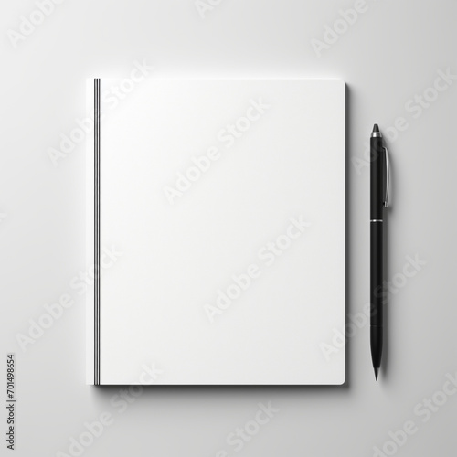 fotografia de estilo mockup con detalle de cuaderno en blanco, con boligrafo, sobre fondo de tonos grises