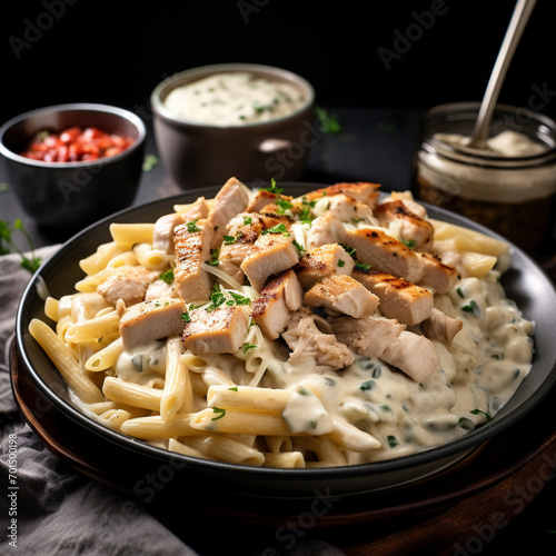Fotografia con detalle de plato con pasta italiana, trozos de pollo a la parrilla y salsa cremosa