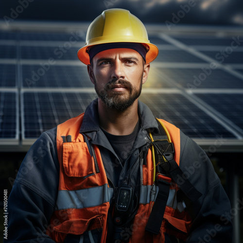 Fotografia con detalle de operario tecnico de placas solares con ropa de trabajo y seguridad
