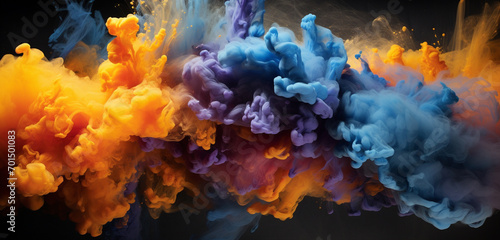 Explosive clouds of goldenrod and indigo smoke intertwining, creating a mesmerizing explosion of color against a dark canvas.