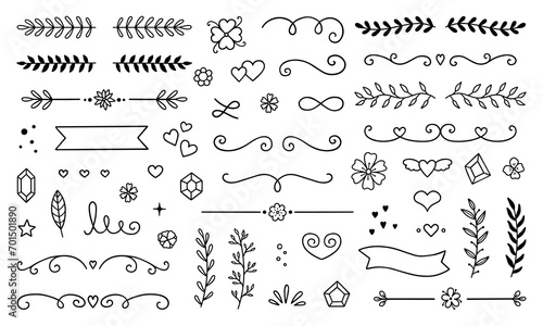 Text dividers doodle set. Wedding decorative elements with leaves, swirls, hearts. Divider ornament, borders, lines. Hand drawn vector illustration isolated on white background