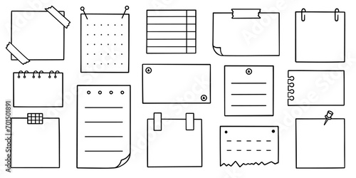 Memo sheets doodle set. Paper page, notes, reminder, sticky for bullet journal in sketch style. Hand drawn vector illustration isolated on white background.