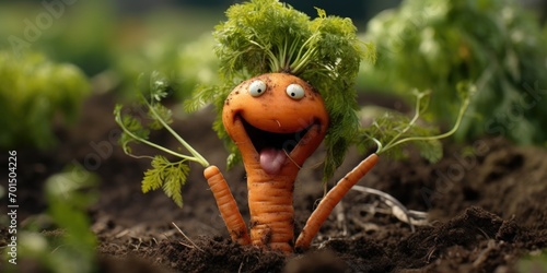 Smilling, laughing fresh carrot in the garden, funny gardening concept