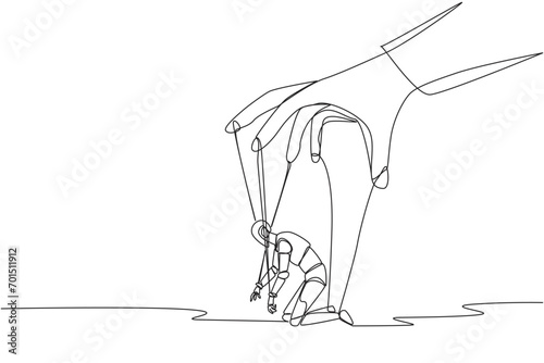 Single continuous line drawing robot kneel, entire body bound by ropes controlled by giant hands. Deep despair. Artificial intelligence not functioning optimally. One line design vector illustration