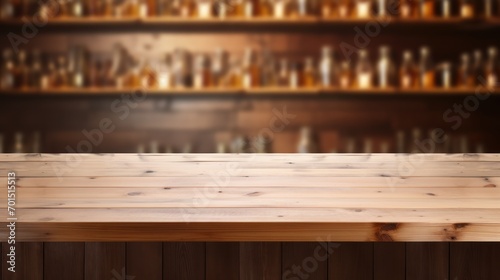  a wooden table sitting in front of a shelf filled with bottles of different shapes and sizes on a wooden floor.