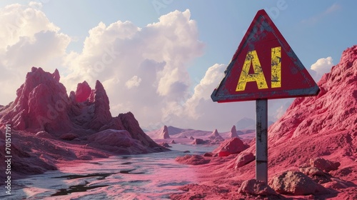 Surreal desert landscape with a danger sign "AI". Artificial intelligence illustration concept. Generative AI