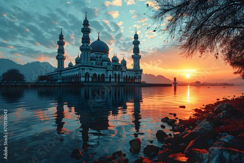 A Magnificent Mosque with a Beautiful Sky View at Sunset