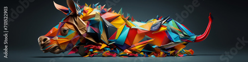 An array of 3D colorful shapes constructing an abstract animal.