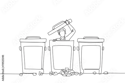Continuous one line drawing businessman peeking out of trash can, there were lots of wads of paper. Frustration. Disguise so that whereabouts are not known. Single line draw design vector illustration
