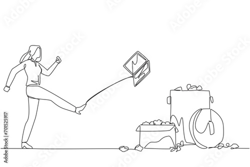 Single one line drawing businesswoman kicked laptop into the trash. Very angry. Operational costs increase when profits are small. Unprofitable. Emotional. Continuous line design graphic illustration
