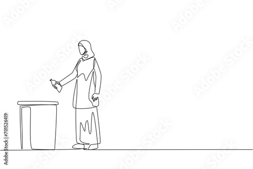 Single continuous line drawing Arabian woman throw used plastic bottles into overflowing trash cans. Environmental care. Provide examples of commendable actions. One line design vector illustration