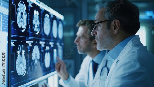 Two doctors analyzing brain scans