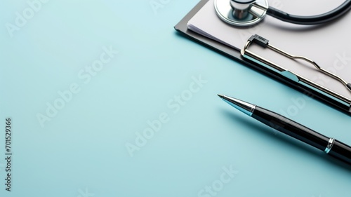 Medical clipboard and pen on a turquoise background