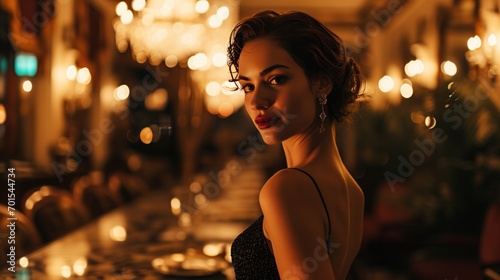 a beautiful woman in an evening dress with an elegant smile on luxurious hotel dinner hall background.