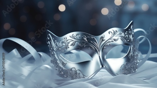 Silver carnival mask on beautiful bokeh background. Mardi gras party, Carnival festival celebration, Venetian mask, Masquerade disguise