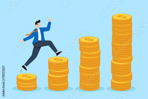 Happy businessman jumping on pile of money coins growth in flat design