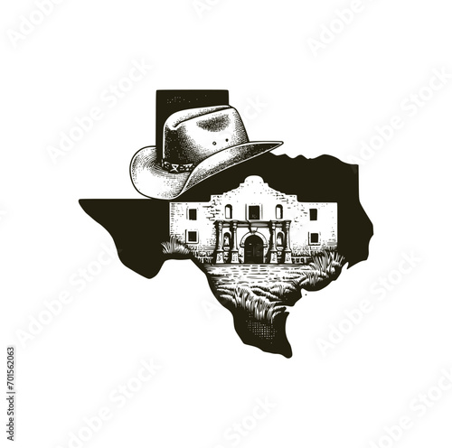 Texas map with cowboy hat illustration