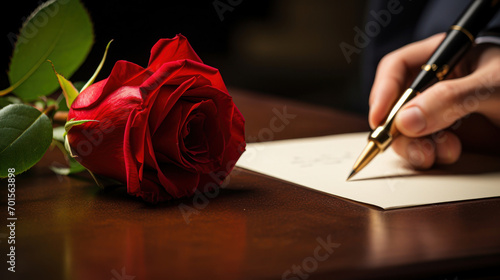Close up of the hands of a man writing a love letter to his sweetheart with a single romantic red rose with selective colour lying on the desk alongside him
