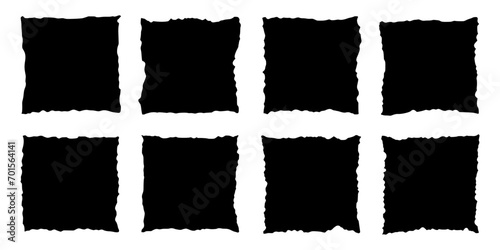 Rough edge rectangle shape collage. Paper torn, jagged edge rectangle frame set. Grunge, old vintage black border collage. Black ripped papers silhouettes. Vector illustration.