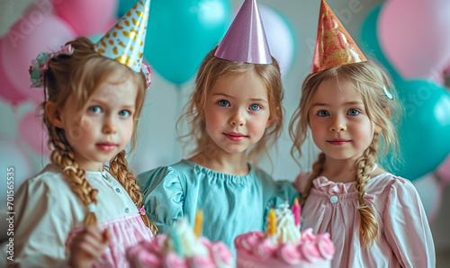 Children on Party decorated with baloons in Festive pastel theme.