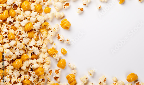 Flat lay of caramel popcorn isolated on background. copy space