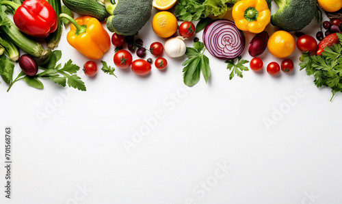 Flat lay of fresh colourful organic vegetables. white copy space in centre of frame.