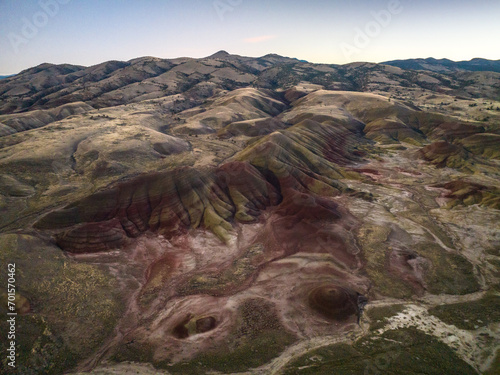 Aerial view of the Painted Hills, Oregon during sunset