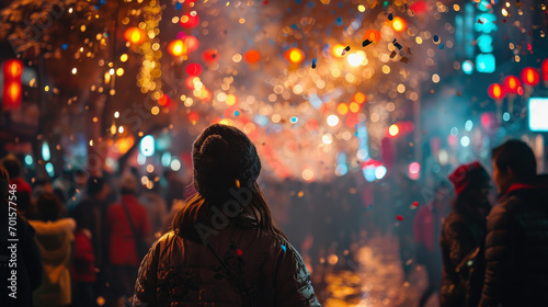 Crowd of people celebrating Chinese new year eve countdown event celebration firework at night in Asia city with light bokeh background.