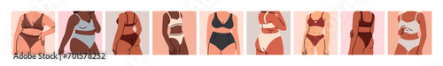 Woman lingerie, underwear on different figures. Bra and panties on slim and plus-size female bodies. Women torso in underclothing, bikini, swimwear. Body-positive cards set. Flat vector illustrations