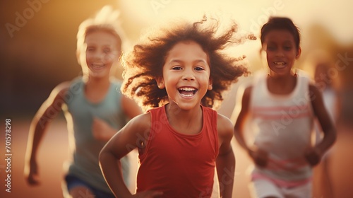 The happy children who were ran running together. AI generated image